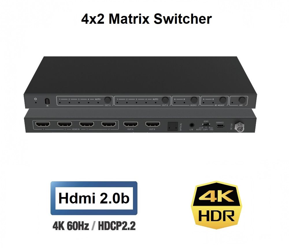 4x2 HDMI Matrix Switcher - Hdmi 2.0b 4K60Hz HDR EDID ARC