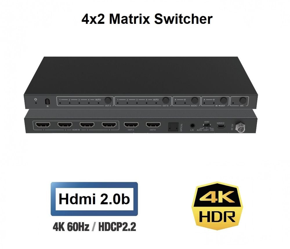 4x2 HDMI Matrix Switcher - Hdmi 2.0b 4K60Hz HDR EDID ARC