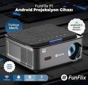 FunFlix P1 Android 4K Destekli LED Projeksiyon Cihazı, 150W lamba, 300 inç görüntü