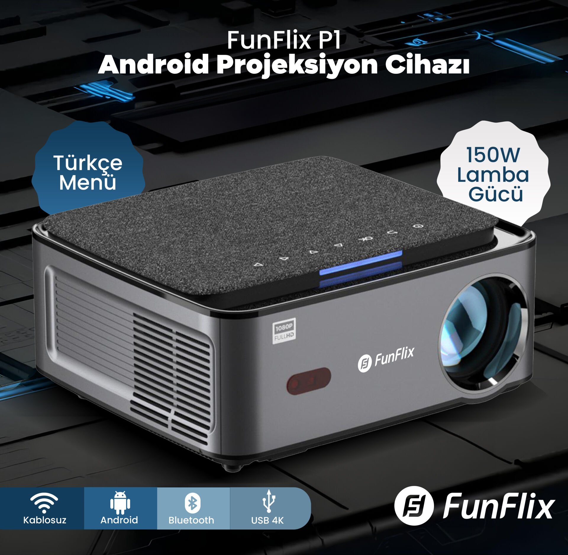 FunFlix P1 Android 4K Destekli LED Projeksiyon Cihazı, 150W lamba, 300 inç görüntü