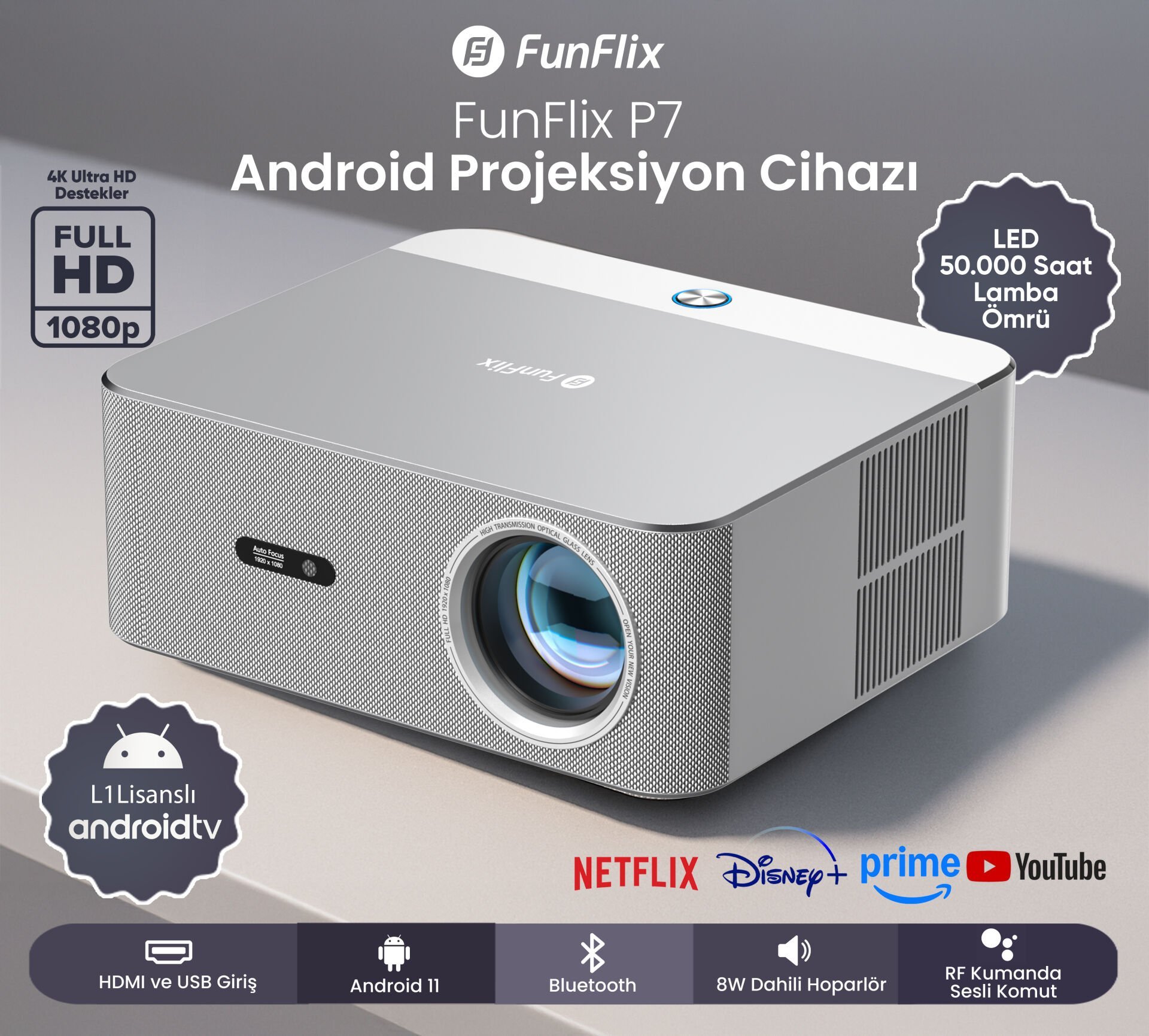 FunFlix P7 Android 4K Destekli LED Full HD Projeksiyon Cihazı, Lisanslı Android TV, Bluetooth, 8W Hoparlör, 7000 lümen