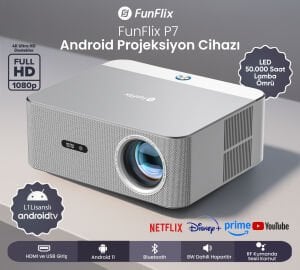 FunFlix P7 Android 4K Destekli LED Full HD Projeksiyon Cihazı, Lisanslı Android TV, Bluetooth, 8W Hoparlör, 7000 lümen