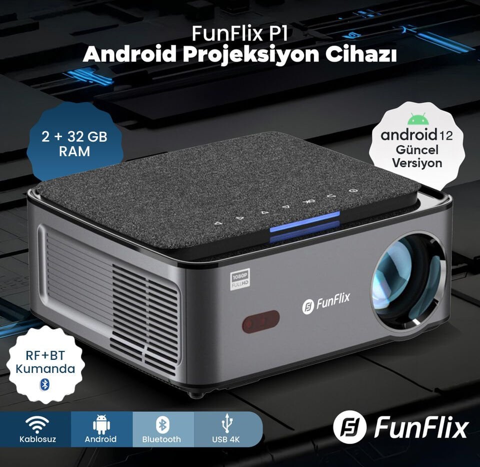 FunFlix P1A Android 4K Destekli LED Projeksiyon Cihazı, 2 GB RAM, BT Kumanda 300 inç görüntü