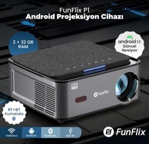 FunFlix P1A Android 4K Destekli LED Projeksiyon Cihazı, 2 GB RAM, BT Kumanda 300 inç görüntü