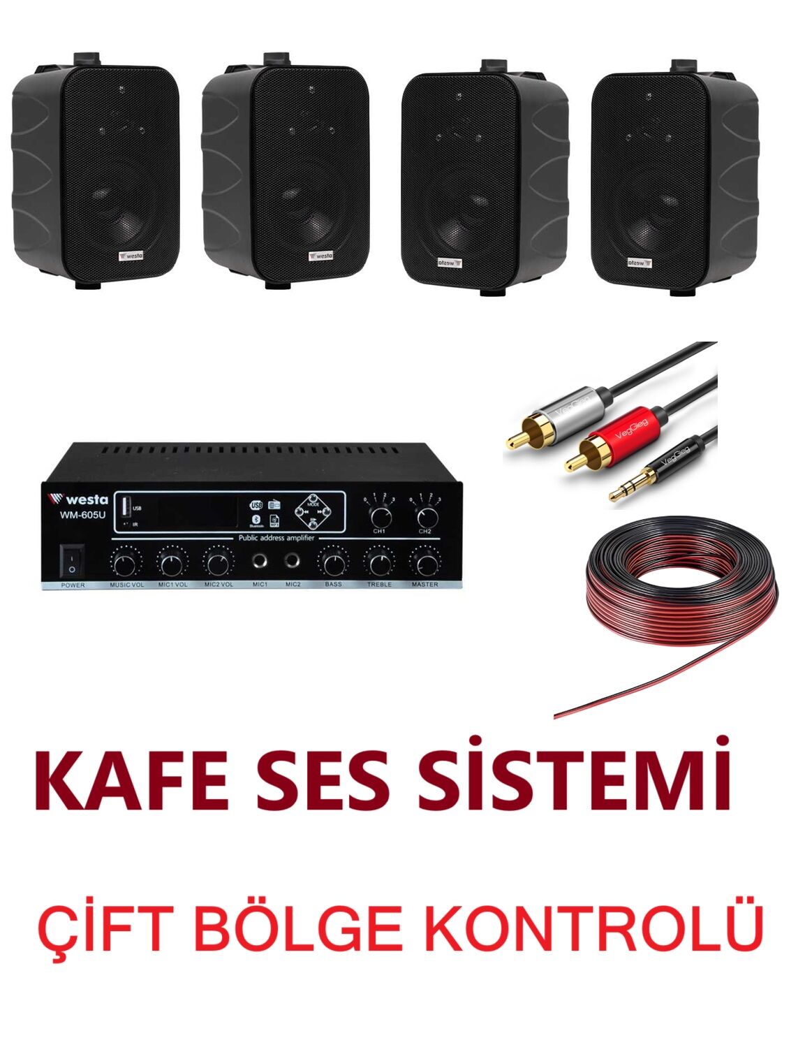 Westa Cafe Ses Sistemi 4'lü Paket Duvar - Çift Bölgeli /Siyah